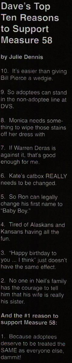Dave's Top Ten Reasons to Support Measure 58.. 1) It's easier than giving Bill Pierce a wedgie, 2)...